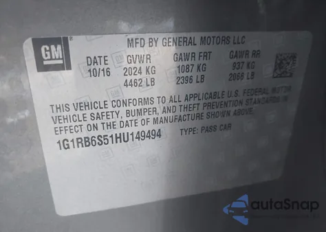 2017 Chevrolet Volt Premier from USA, damaged, VIN 1G1RB6S51HU149494